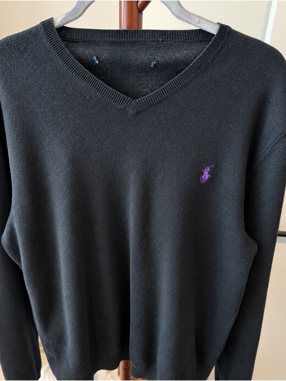 Polo by Ralph Lauren Black V-Neck Sweater with Purple Pony Emblem